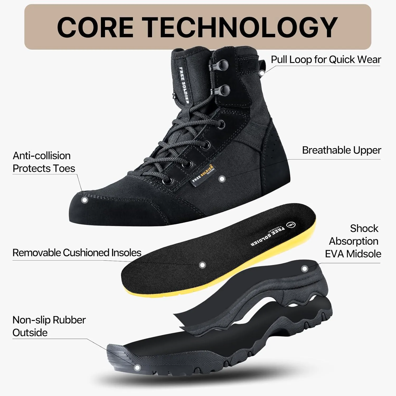 FREE SOLDIER Women’s Tactical Hiking 6 Inches Lightweight Combat Boot Durable Comfortable Work Boots for Women