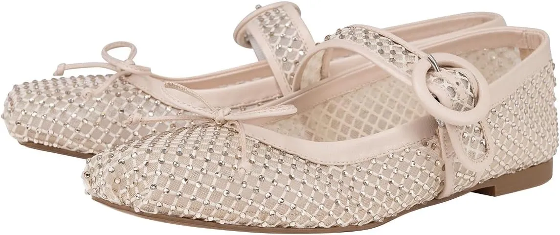FSJ Women Rhinestones Mesh Ballet Flats, Sparkly Square Toe Crystal Embellished Bowtie Mary Jane with Buckled Strap, Comfy Studded Ballerina Shoes Size 4-15 US
