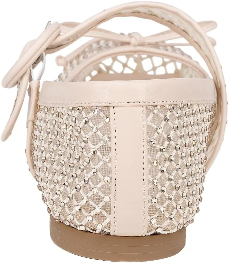 FSJ Women Rhinestones Mesh Ballet Flats, Sparkly Square Toe Crystal Embellished Bowtie Mary Jane with Buckled Strap, Comfy Studded Ballerina Shoes Size 4-15 US