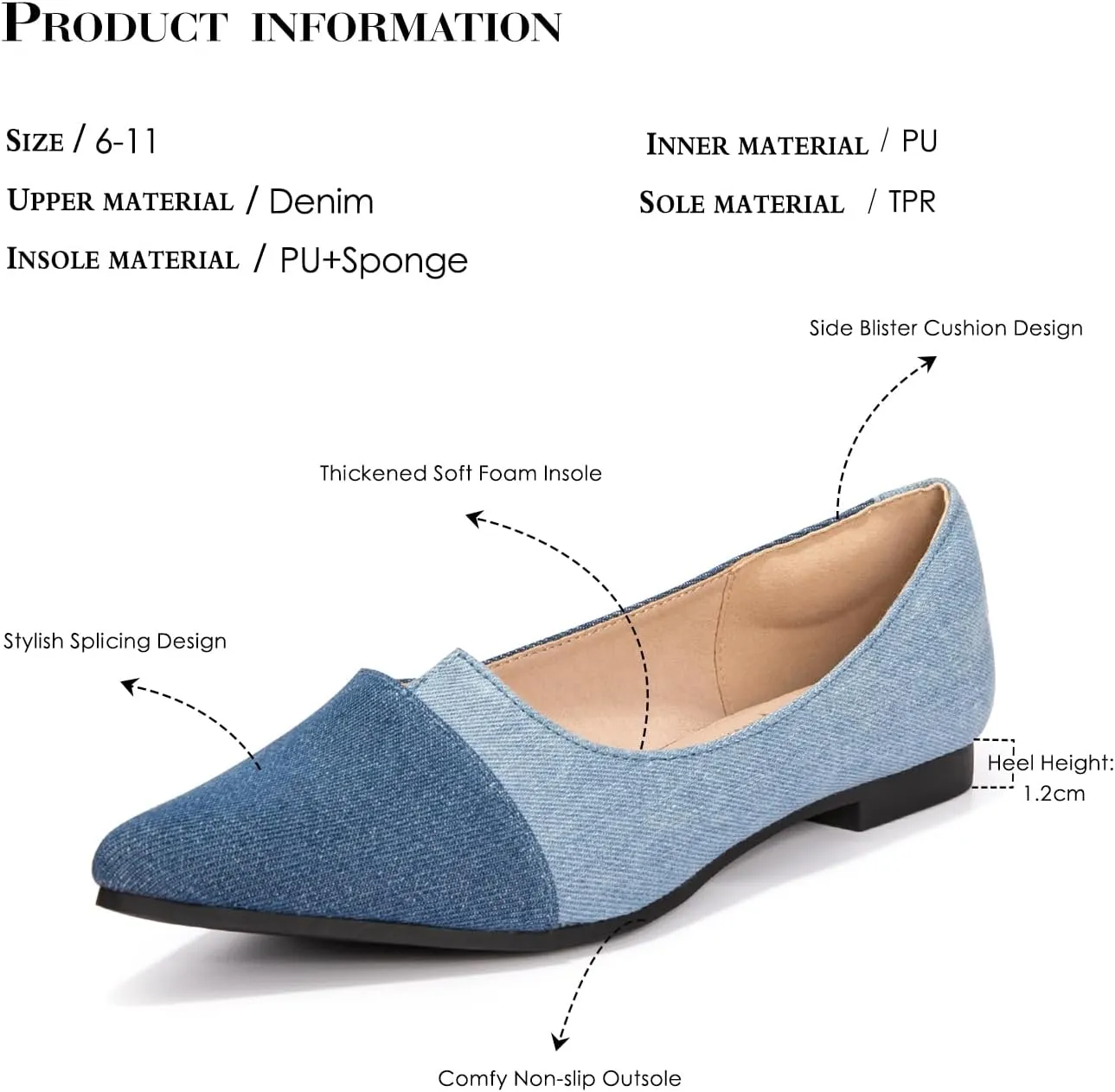 FUNKYMONKEY Black Flats Shoes for Women, Comfort Pointed Toe Slip On Work Shoes