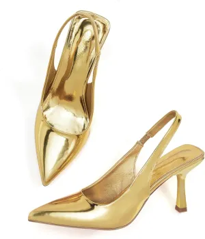 GENSHUO Women's Slingback Kitten Heel Pointed Closed Toe Stiletto Pumps Slip on Elastic Strap Wedding Party Dress Sandals Shoes