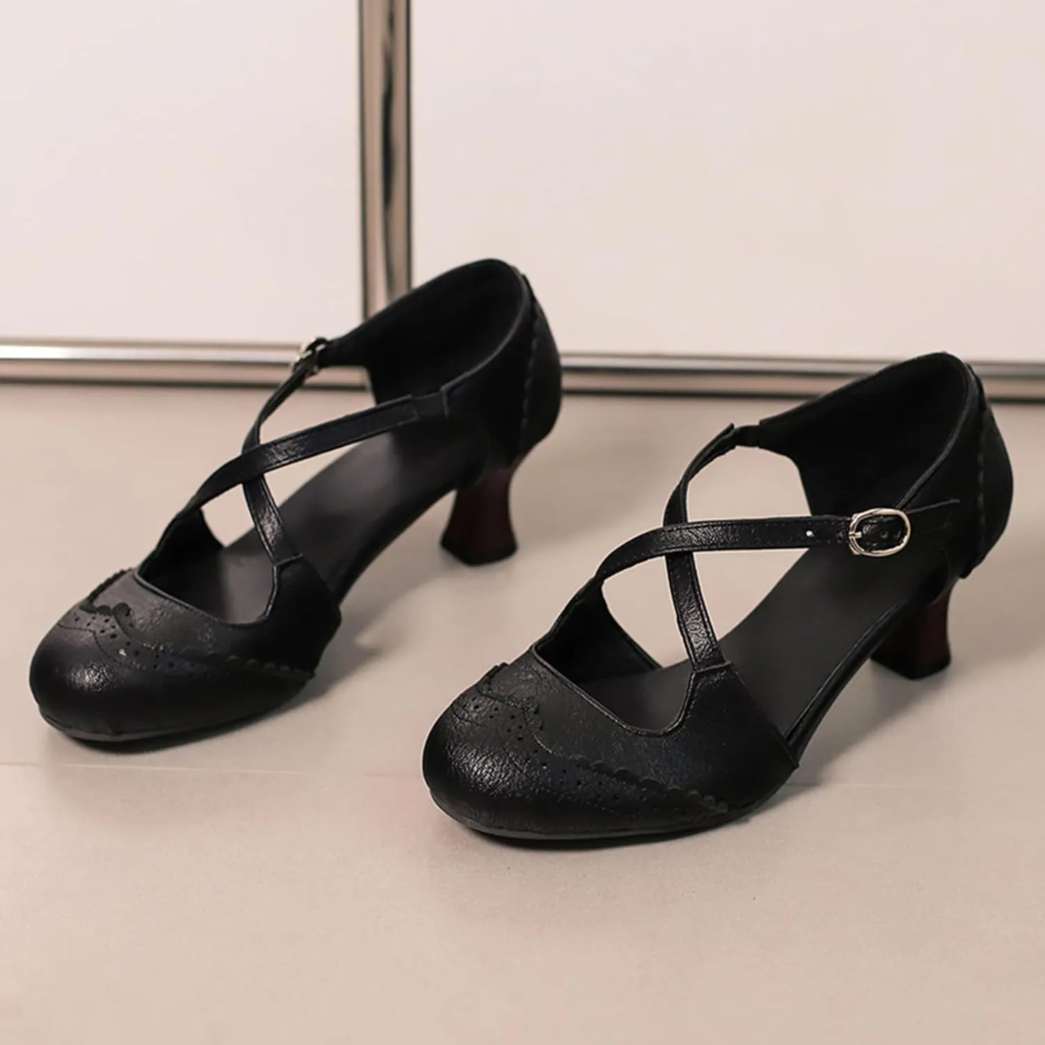 Gicoiz Brogue Kitten Heels Mary Jane Women Classic Pumps