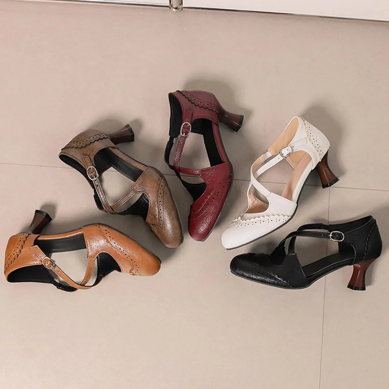 Gicoiz Brogue Kitten Heels Mary Jane Women Classic Pumps