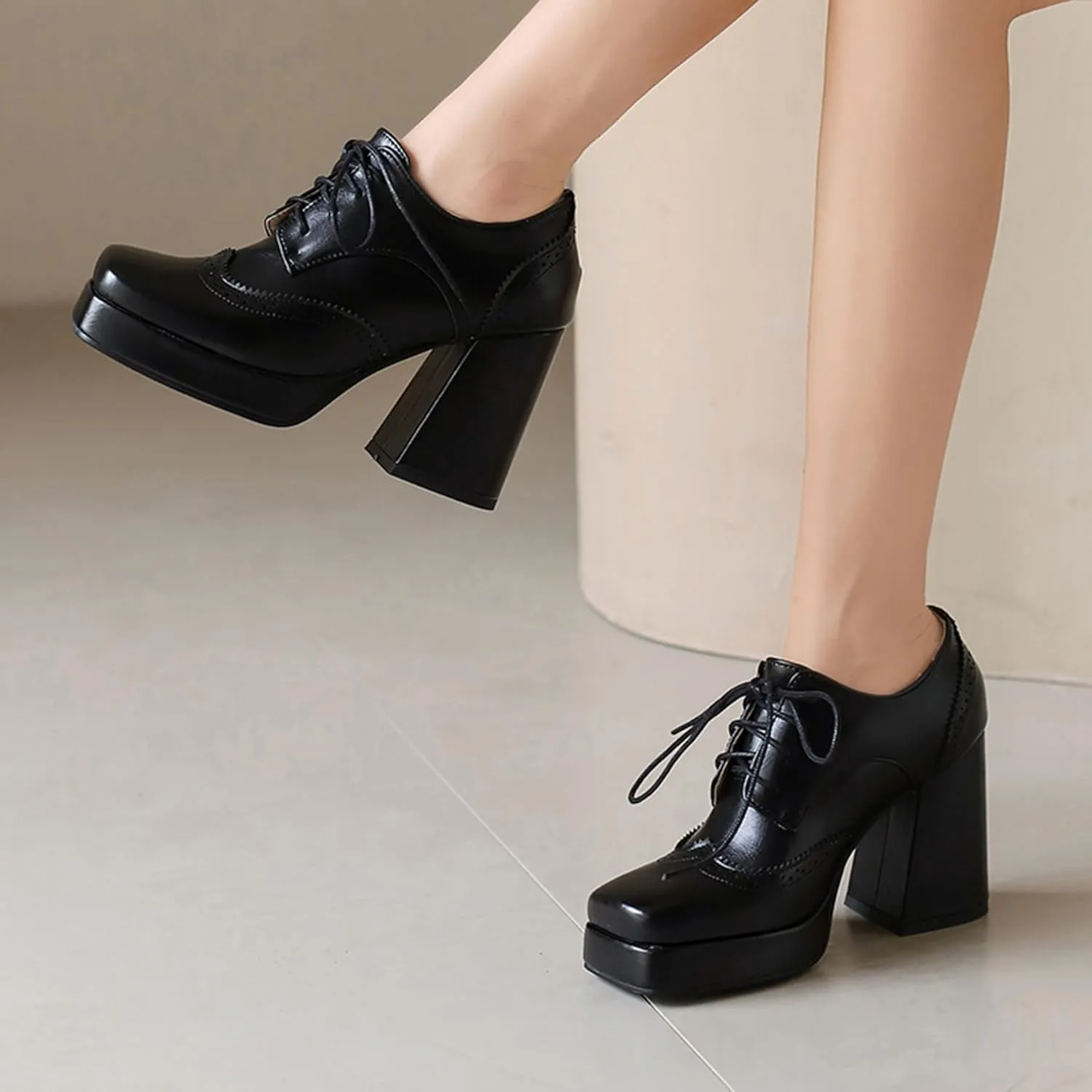 Gicoiz Patent Oxford Women Office Work Lace Up Stylish Brogue Pumps