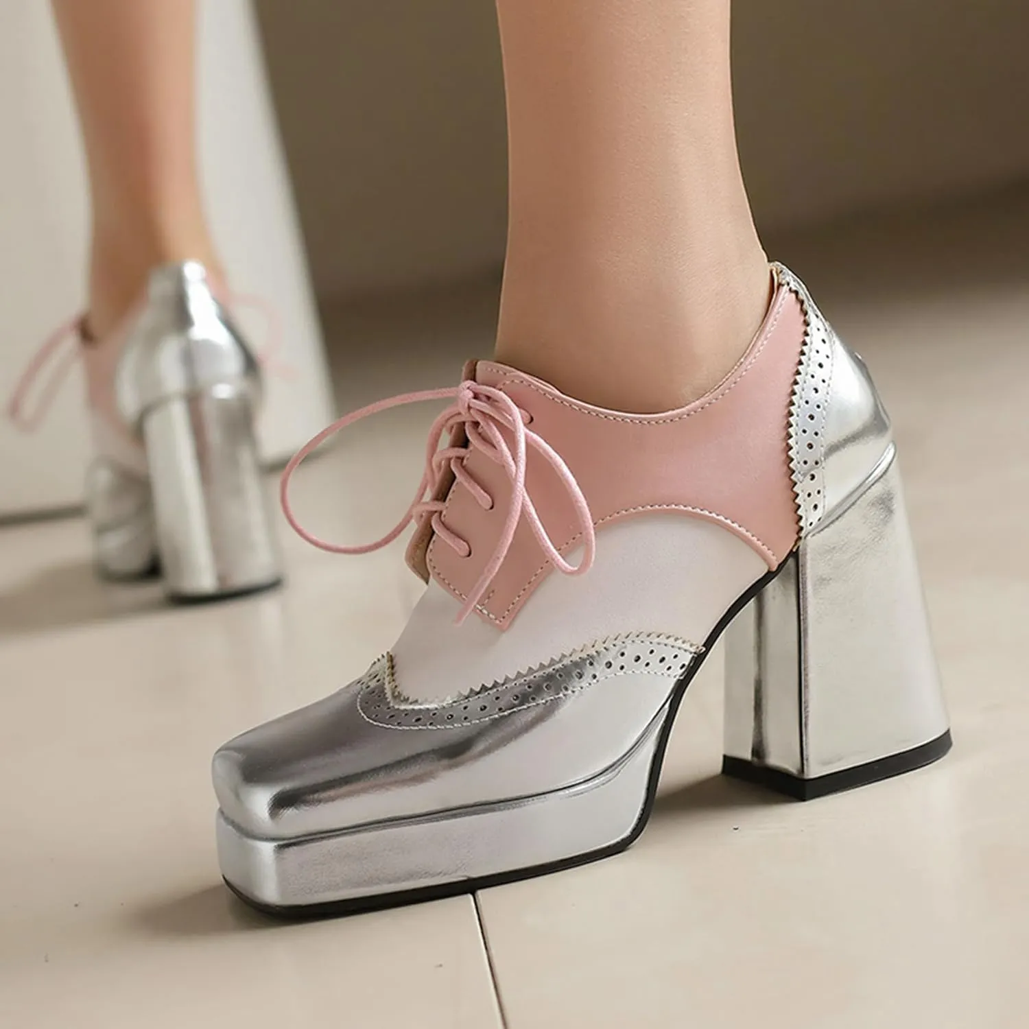Gicoiz Patent Oxford Women Office Work Lace Up Stylish Brogue Pumps