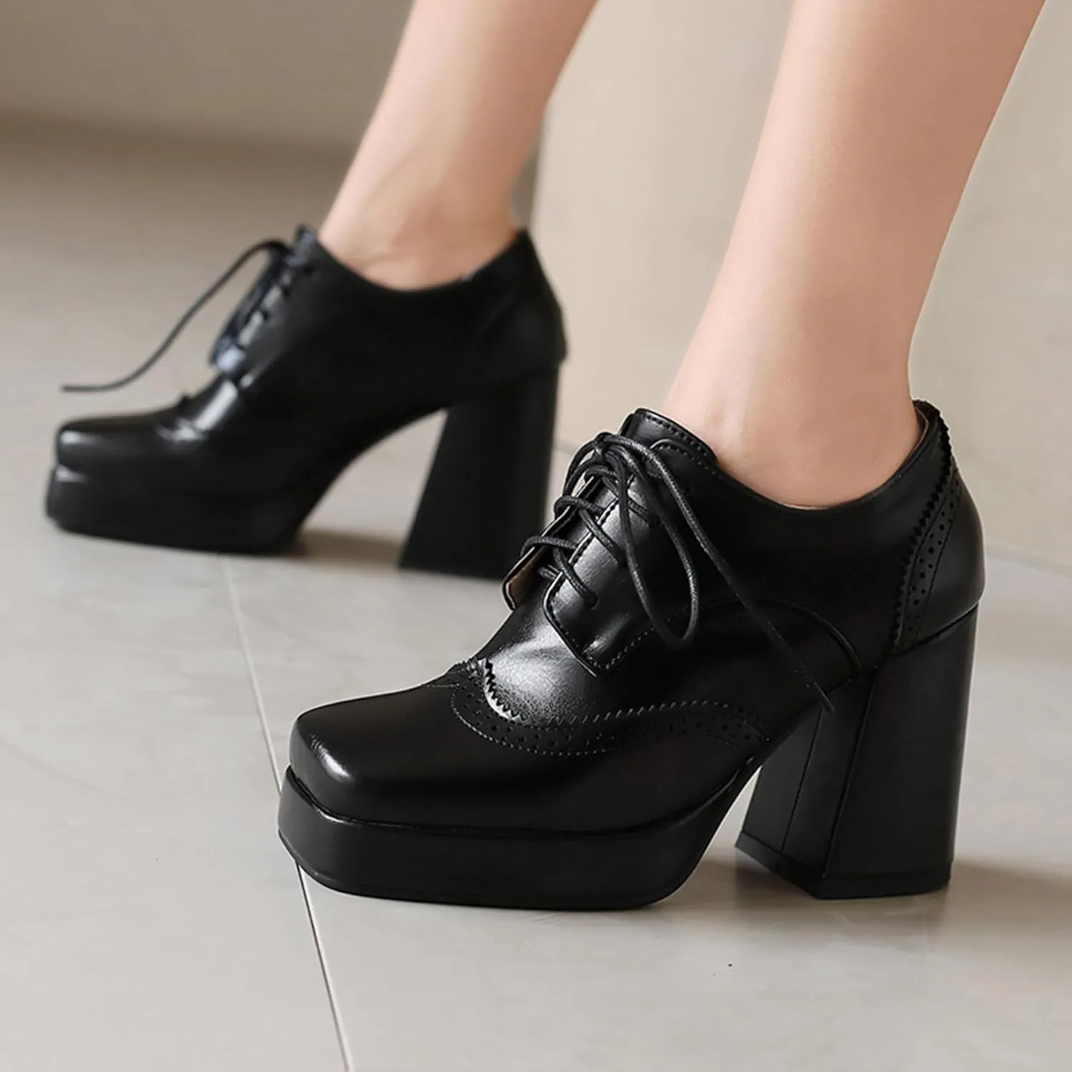 Gicoiz Patent Oxford Women Office Work Lace Up Stylish Brogue Pumps