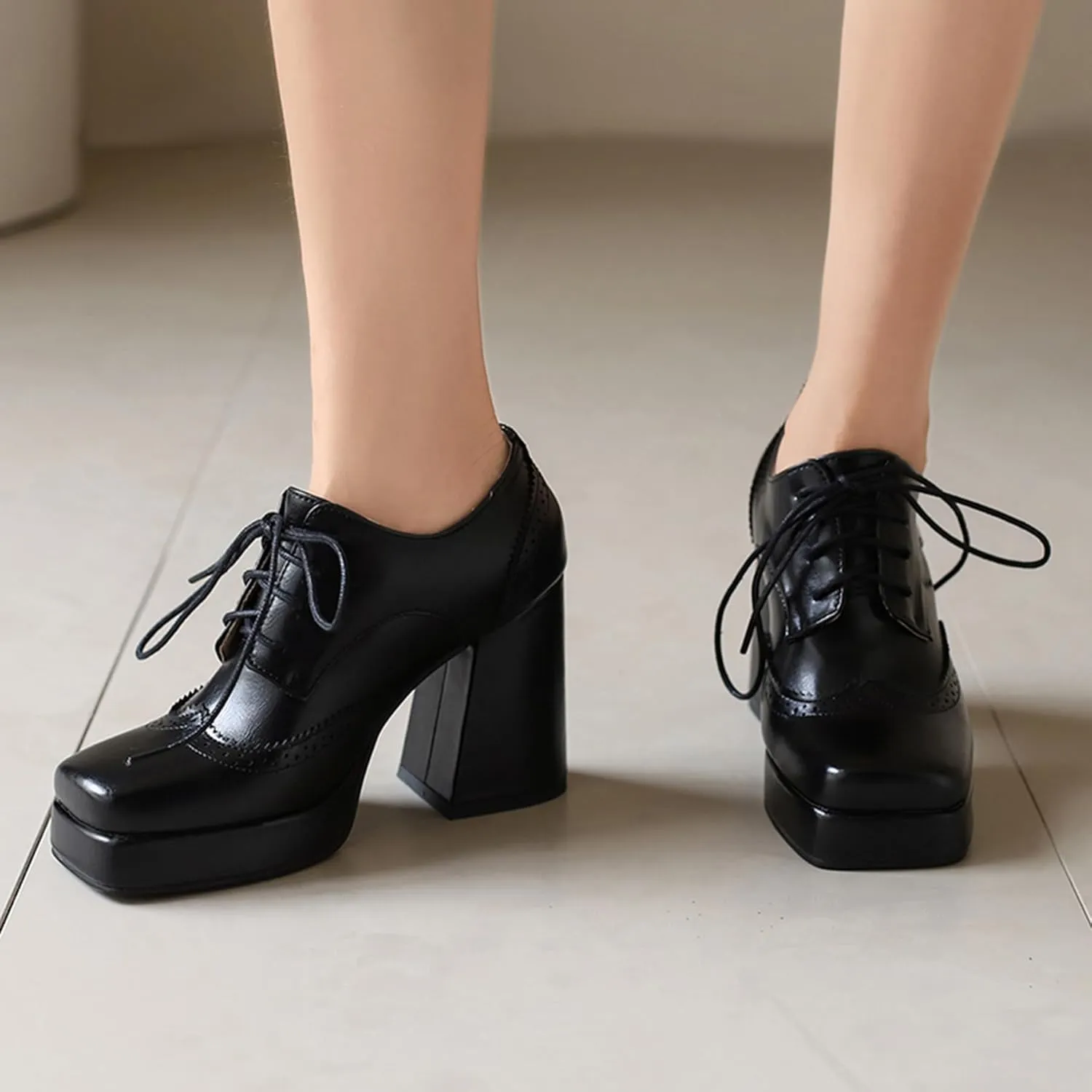 Gicoiz Patent Oxford Women Office Work Lace Up Stylish Brogue Pumps