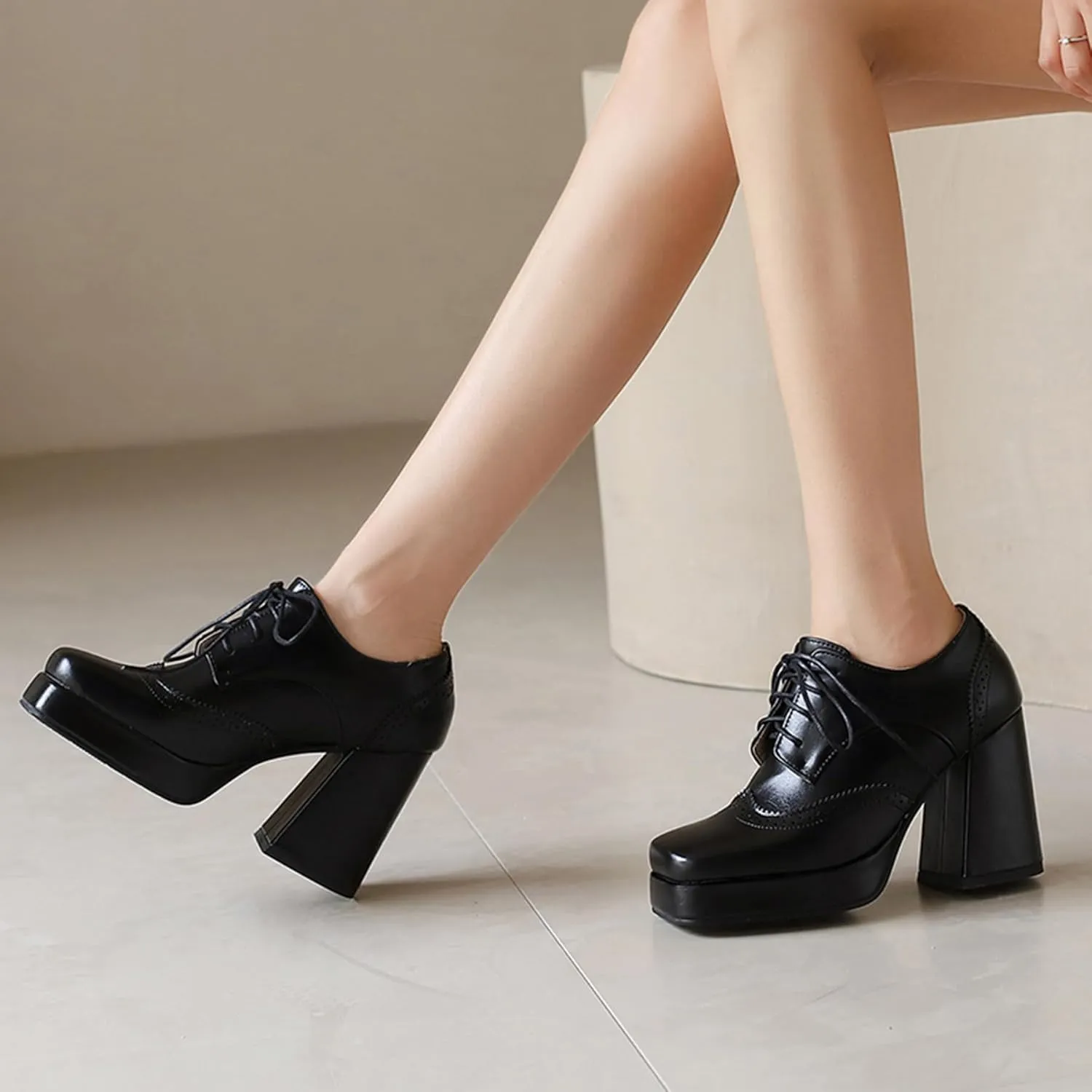 Gicoiz Patent Oxford Women Office Work Lace Up Stylish Brogue Pumps