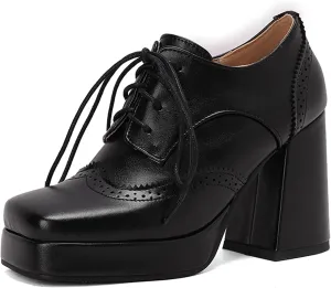 Gicoiz Patent Oxford Women Office Work Lace Up Stylish Brogue Pumps