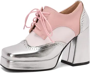 Gicoiz Patent Oxford Women Office Work Lace Up Stylish Brogue Pumps