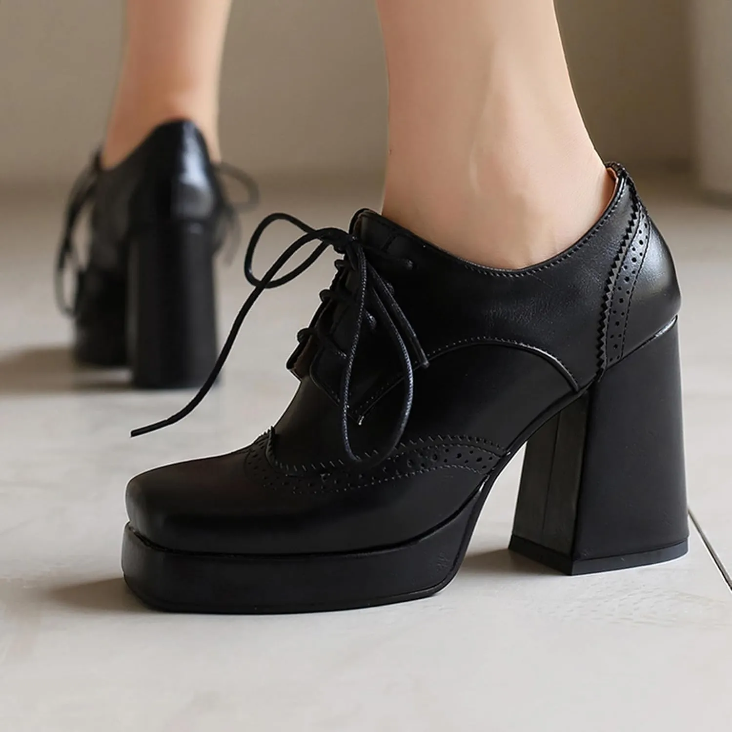 Gicoiz Patent Oxford Women Office Work Lace Up Stylish Brogue Pumps