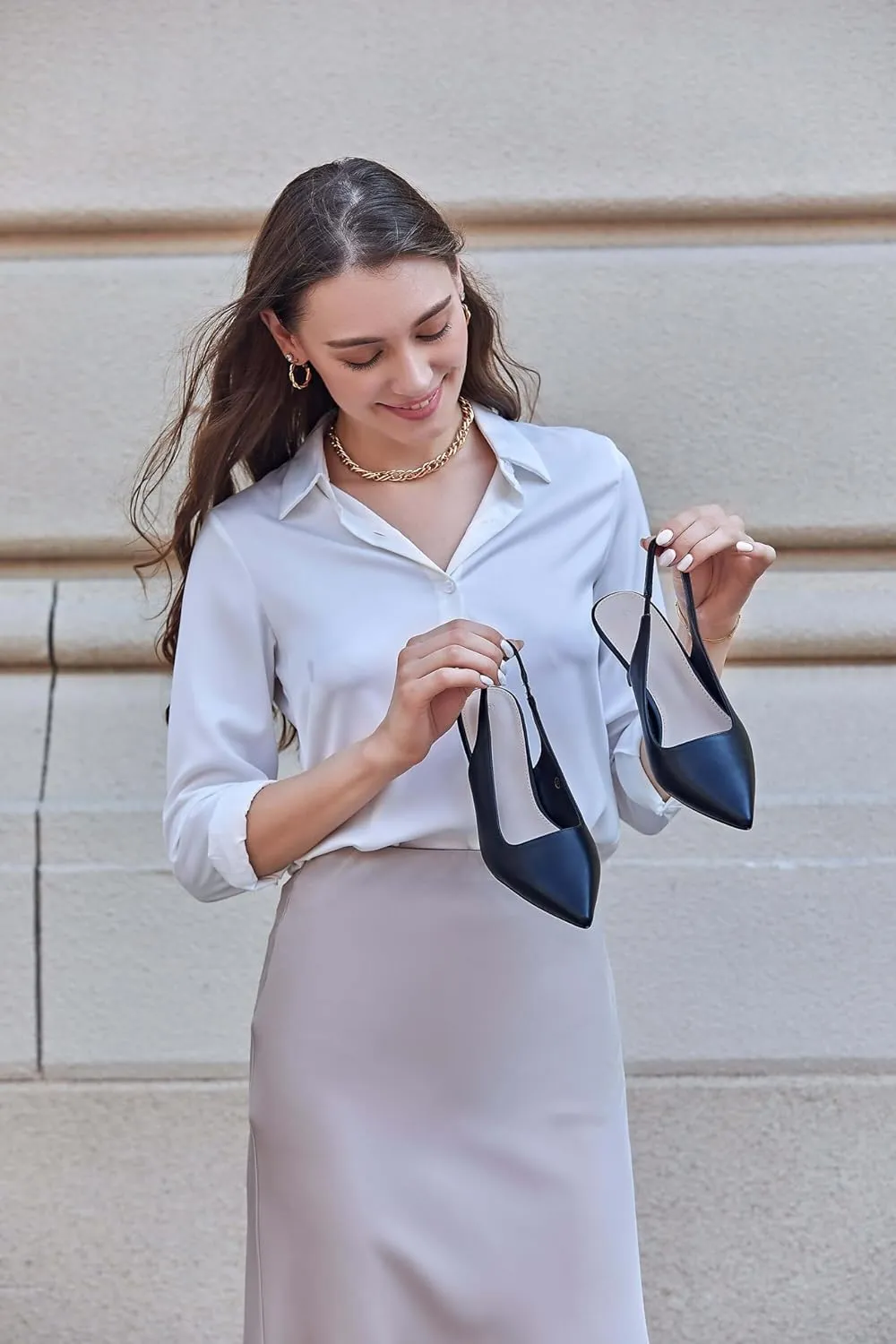 gihubafuil Women’s Low Kitten Heel Pumps Shoes Closed Pointed Toe Heels Casual Slingback Slip-on Dress Shoes