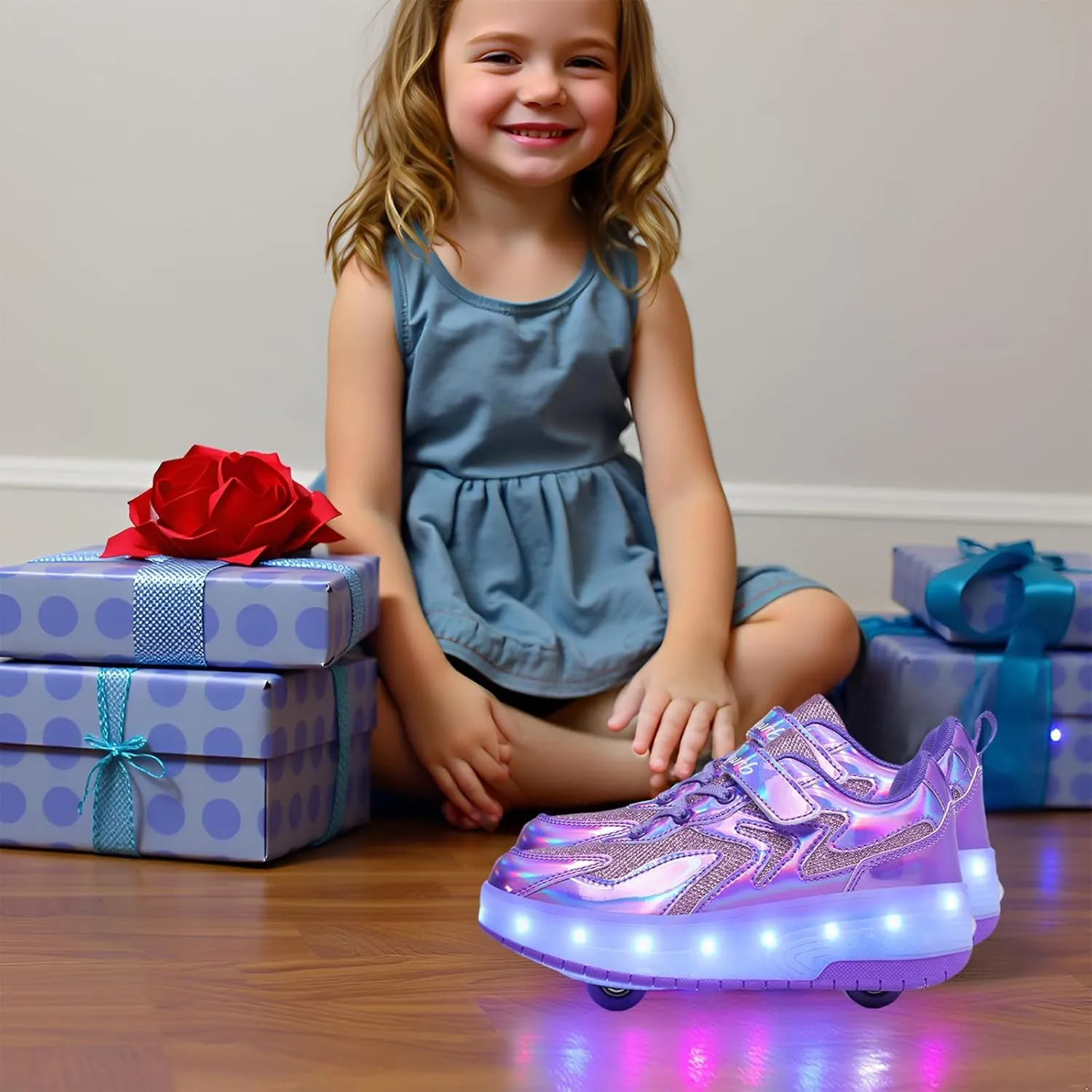 Girls Roller Shoes LED Lights Up Sneakers with Wheels Removable Lightweight Roller Skates Boys Beginners Trainers Skate Comfortable Sports Footwear Athletic USB Charge Sneaker Kids Gifts