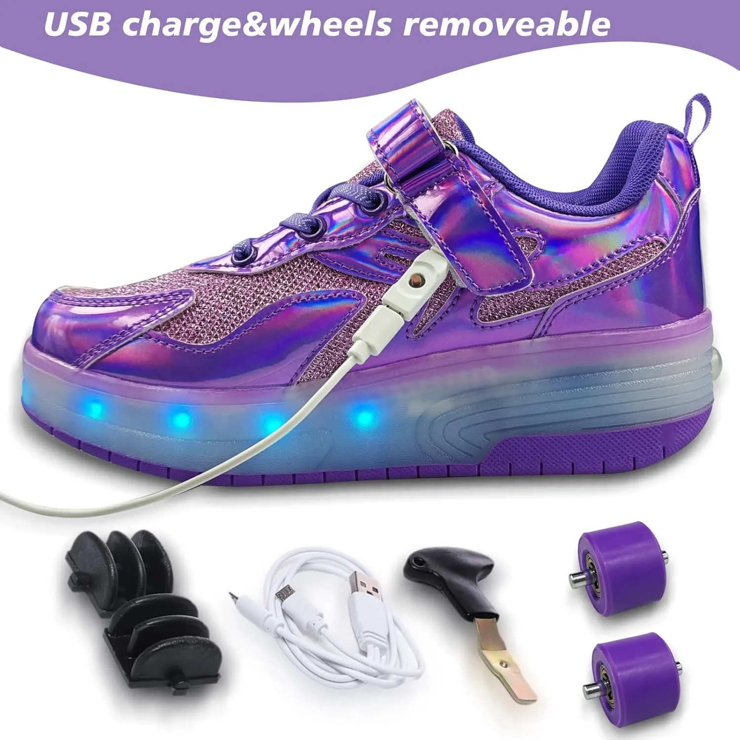 Girls Roller Shoes LED Lights Up Sneakers with Wheels Removable Lightweight Roller Skates Boys Beginners Trainers Skate Comfortable Sports Footwear Athletic USB Charge Sneaker Kids Gifts