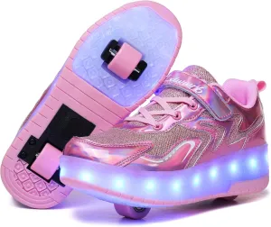 Girls Roller Shoes LED Lights Up Sneakers with Wheels Removable Lightweight Roller Skates Boys Beginners Trainers Skate Comfortable Sports Footwear Athletic USB Charge Sneaker Kids Gifts