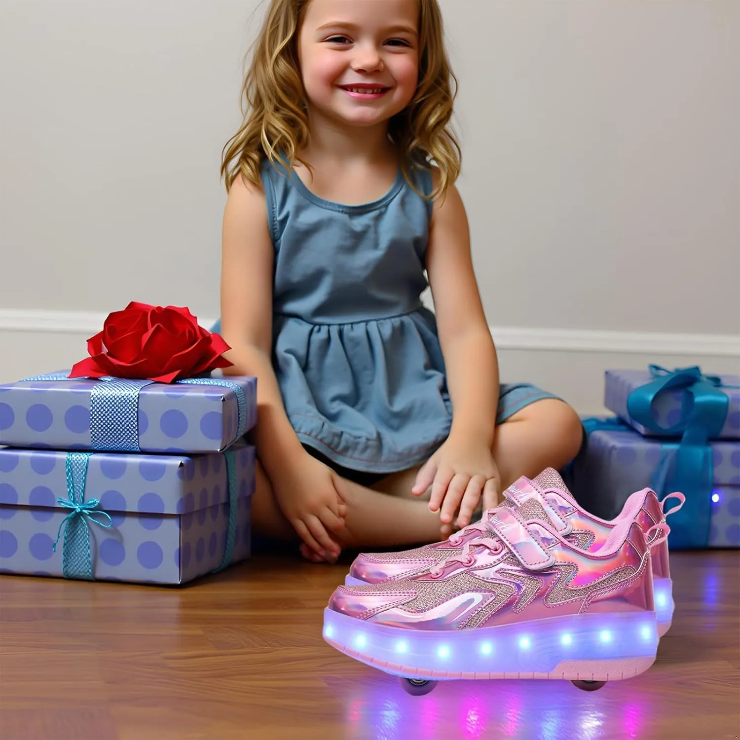 Girls Roller Shoes LED Lights Up Sneakers with Wheels Removable Lightweight Roller Skates Boys Beginners Trainers Skate Comfortable Sports Footwear Athletic USB Charge Sneaker Kids Gifts