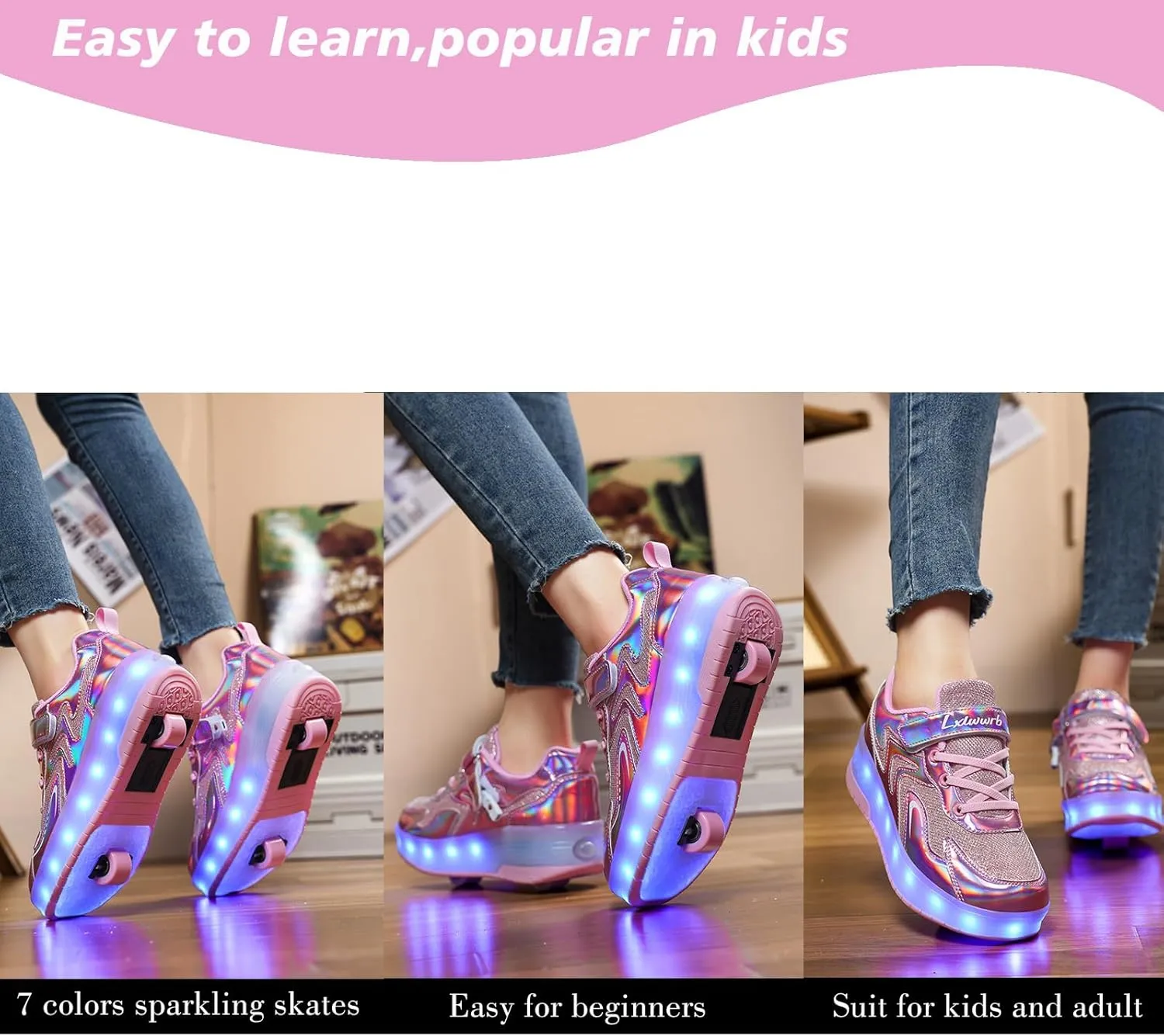 Girls Roller Shoes LED Lights Up Sneakers with Wheels Removable Lightweight Roller Skates Boys Beginners Trainers Skate Comfortable Sports Footwear Athletic USB Charge Sneaker Kids Gifts