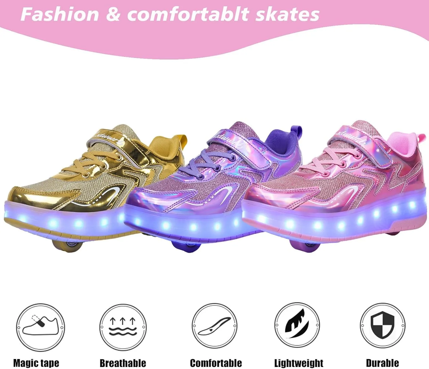 Girls Roller Shoes LED Lights Up Sneakers with Wheels Removable Lightweight Roller Skates Boys Beginners Trainers Skate Comfortable Sports Footwear Athletic USB Charge Sneaker Kids Gifts