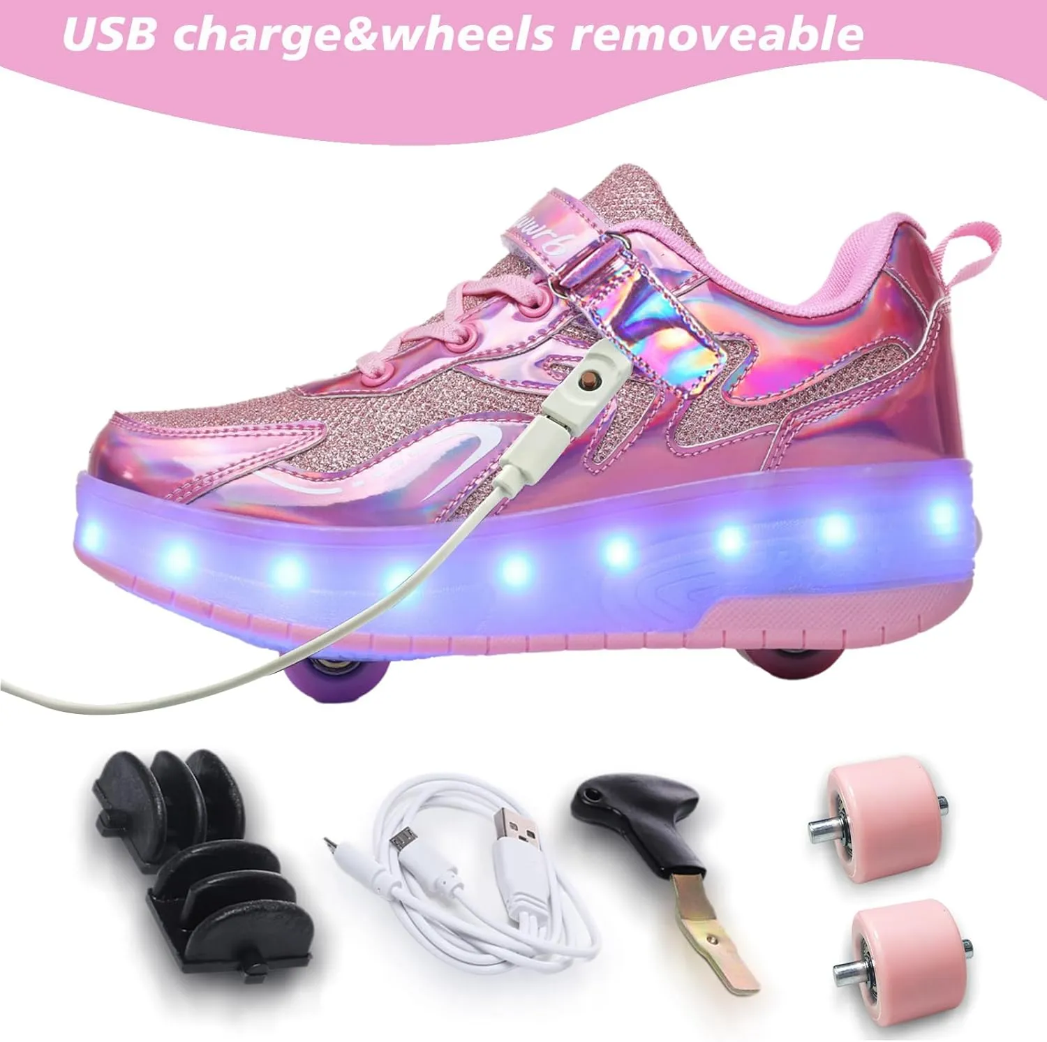 Girls Roller Shoes LED Lights Up Sneakers with Wheels Removable Lightweight Roller Skates Boys Beginners Trainers Skate Comfortable Sports Footwear Athletic USB Charge Sneaker Kids Gifts