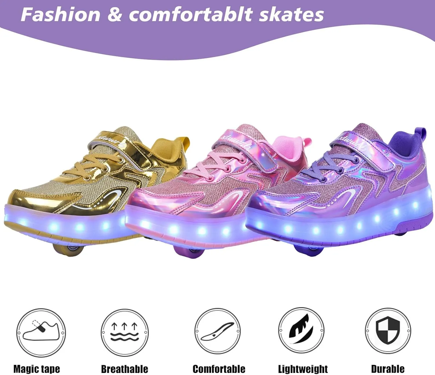 Girls Roller Shoes LED Lights Up Sneakers with Wheels Removable Lightweight Roller Skates Boys Beginners Trainers Skate Comfortable Sports Footwear Athletic USB Charge Sneaker Kids Gifts