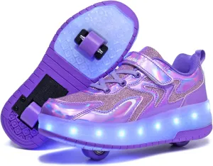 Girls Roller Shoes LED Lights Up Sneakers with Wheels Removable Lightweight Roller Skates Boys Beginners Trainers Skate Comfortable Sports Footwear Athletic USB Charge Sneaker Kids Gifts