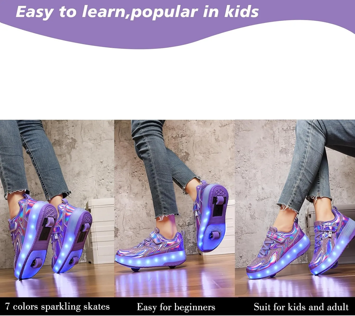 Girls Roller Shoes LED Lights Up Sneakers with Wheels Removable Lightweight Roller Skates Boys Beginners Trainers Skate Comfortable Sports Footwear Athletic USB Charge Sneaker Kids Gifts