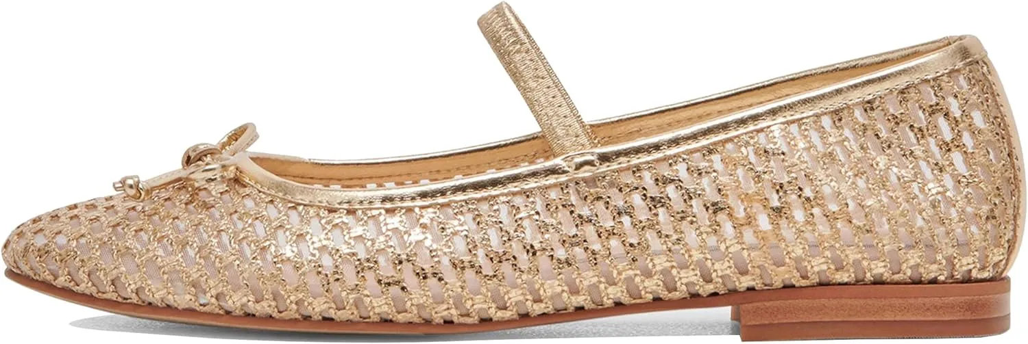 Gold Woven Mesh Flats for Women Breathable Mesh Ballet Flats with Cute Bows, Dressy Fishnet Shoes with Round Toe for Comfort and Style Size 9