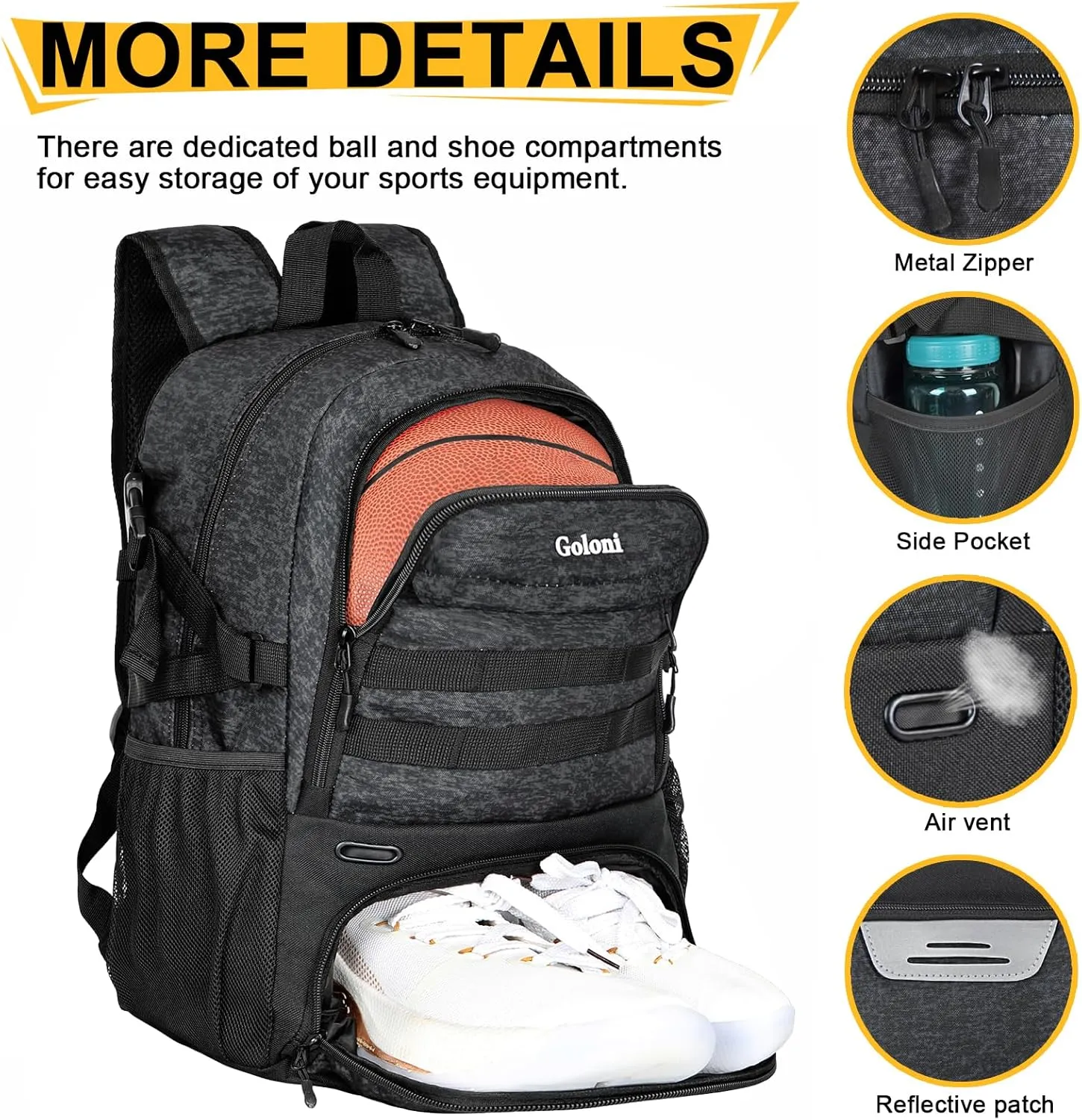 Goloni Basketball Backpack,Large Basketball Bag with Ball Compartment & Shoe Compartment,Sports Bag Fit Volleyball, soccer