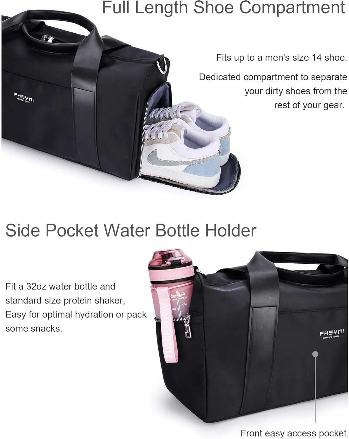Gym Bag for Men and Women with Shoe Compartment & Wet Pocket - Duffle Bag for Travel Sports Fitness Workout Athletic, 19“-Medium, Black