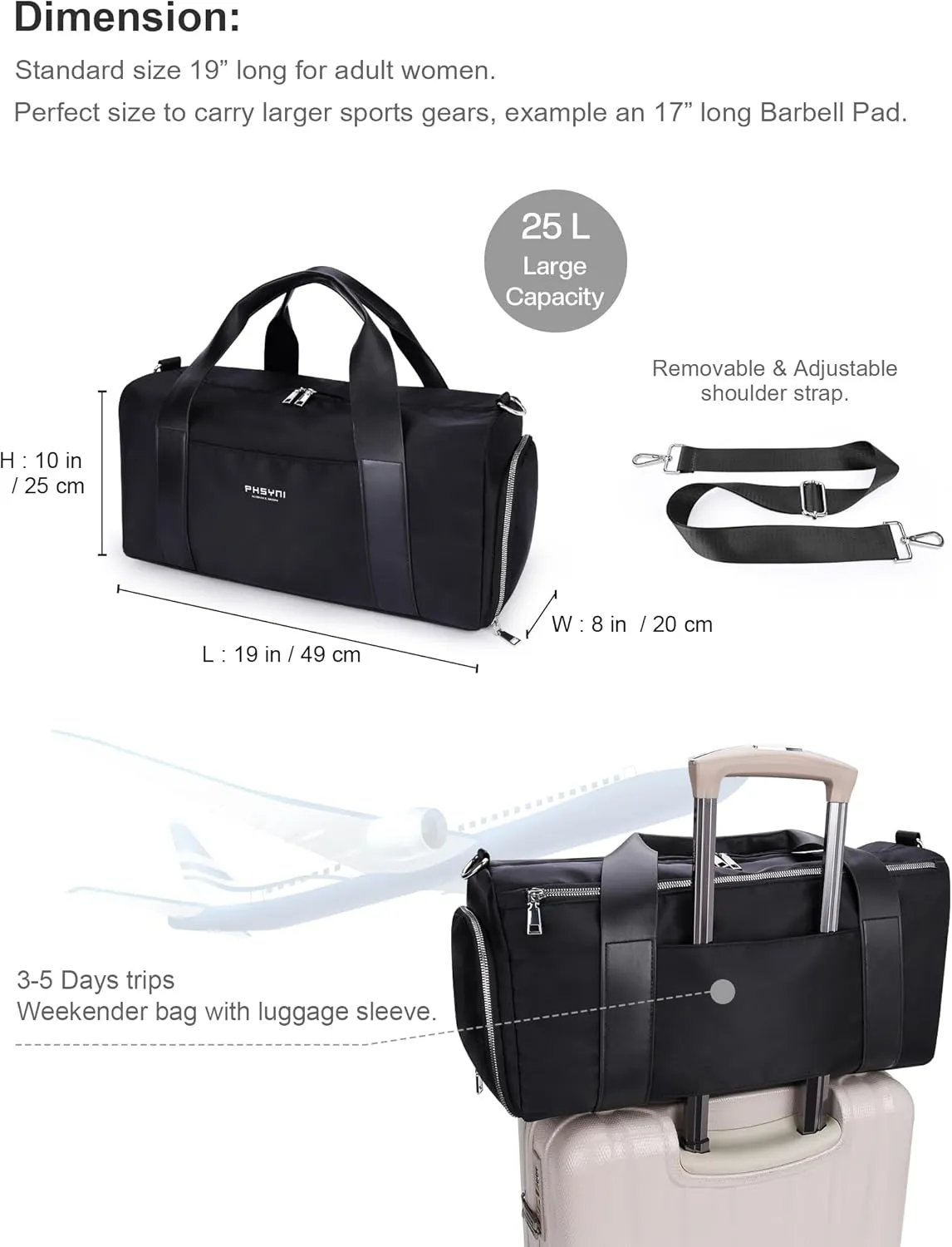 Gym Bag for Men and Women with Shoe Compartment & Wet Pocket - Duffle Bag for Travel Sports Fitness Workout Athletic, 19“-Medium, Black