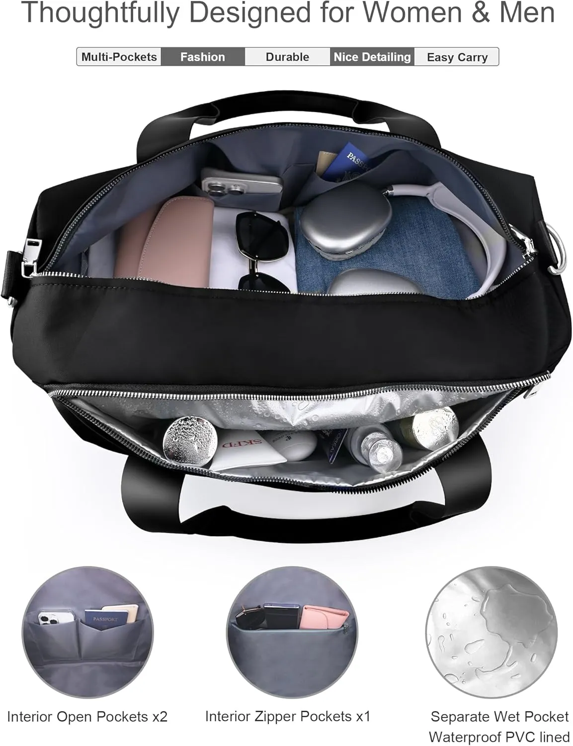 Gym Bag for Men and Women with Shoe Compartment & Wet Pocket - Duffle Bag for Travel Sports Fitness Workout Athletic, 19“-Medium, Black