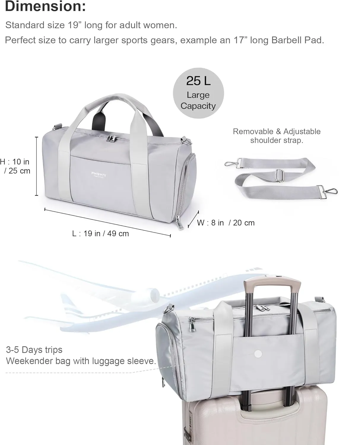 Gym Bag for Men and Women with Shoe Compartment & Wet Pocket - Duffle Bag for Travel Sports Fitness Workout Athletic, 19" Medium, Neutral Grey