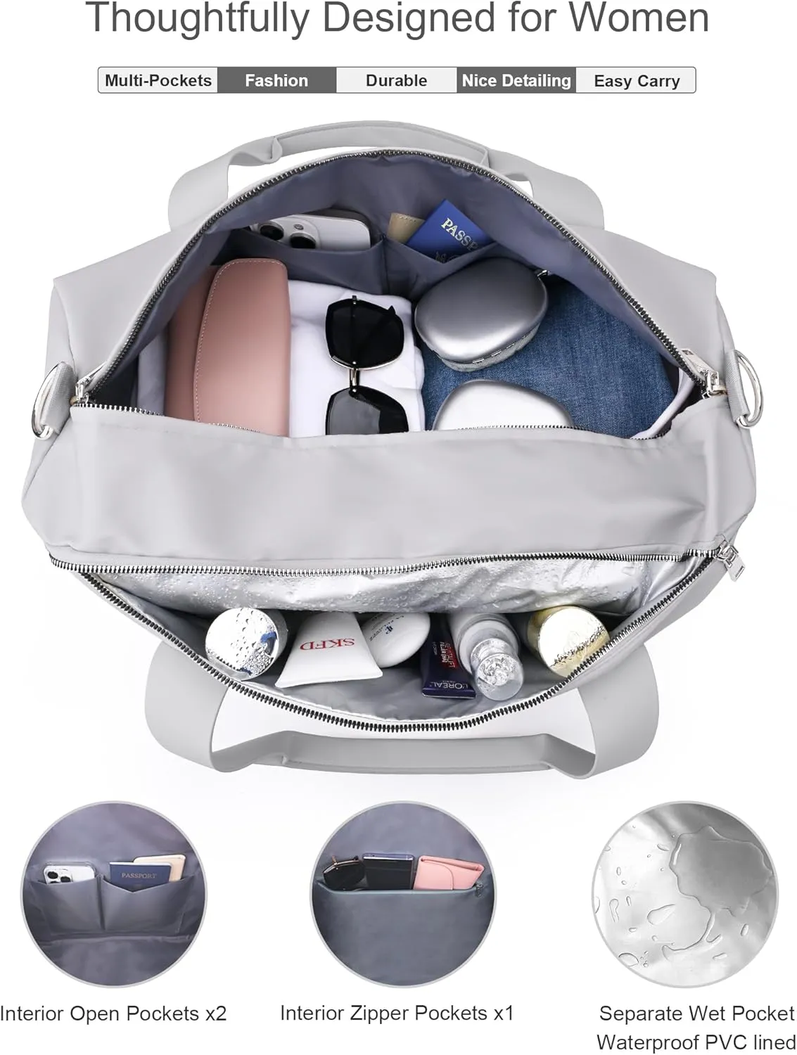 Gym Bag for Men and Women with Shoe Compartment & Wet Pocket - Duffle Bag for Travel Sports Fitness Workout Athletic, 19" Medium, Neutral Grey