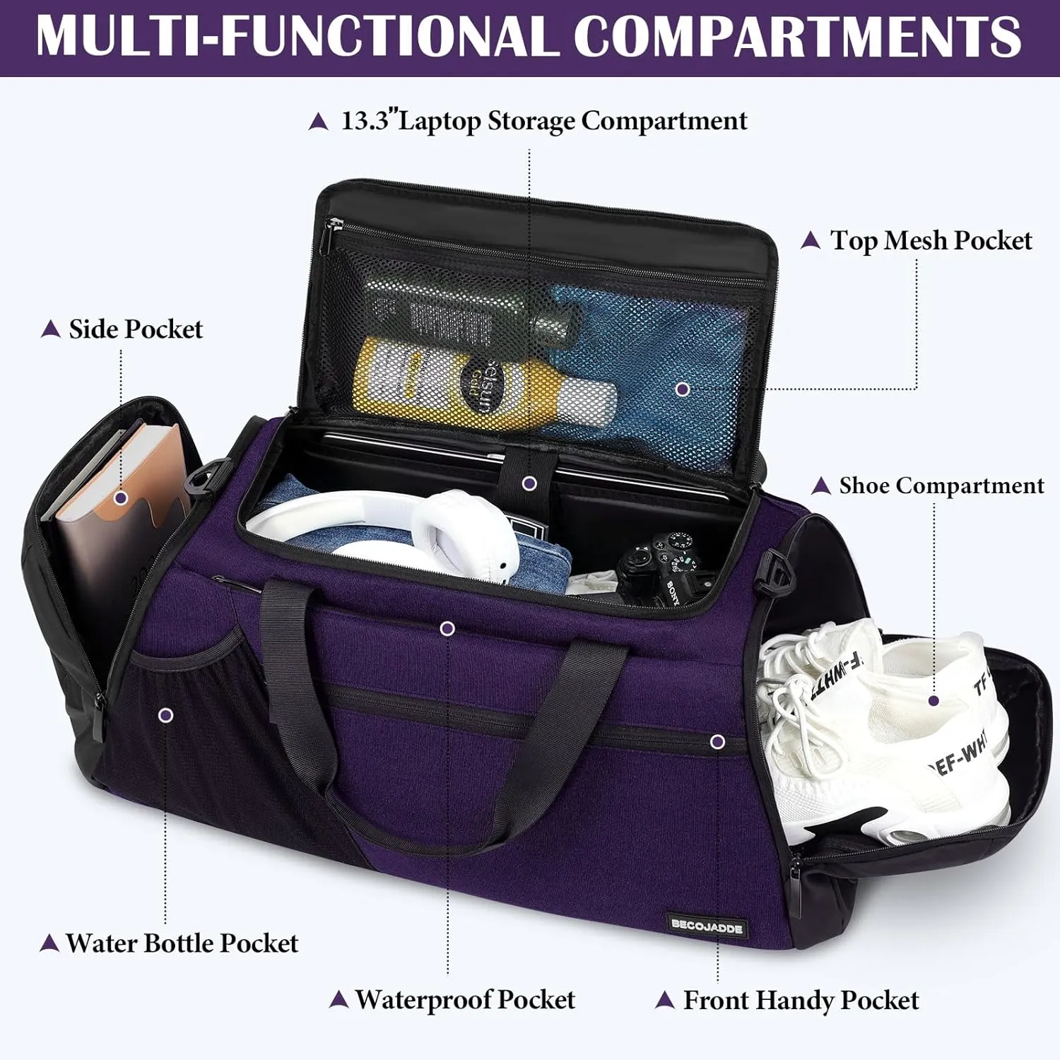 Gym Bags for Men Women 45L Large Gym Backpack Multiple Pockets Sport Duffle Bags with Shoe & Wet Compartment for Workout Travel Weekend Overnight Purple