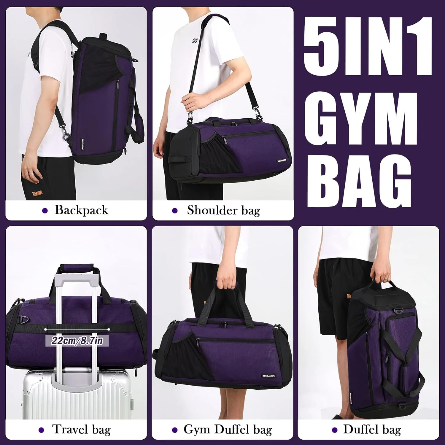 Gym Bags for Men Women 45L Large Gym Backpack Multiple Pockets Sport Duffle Bags with Shoe & Wet Compartment for Workout Travel Weekend Overnight Purple
