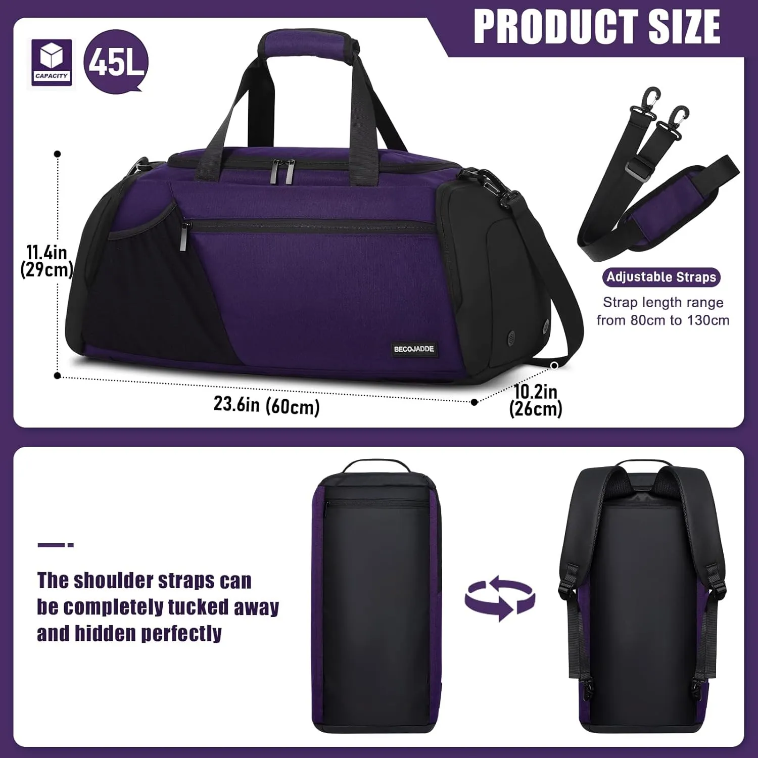 Gym Bags for Men Women 45L Large Gym Backpack Multiple Pockets Sport Duffle Bags with Shoe & Wet Compartment for Workout Travel Weekend Overnight Purple