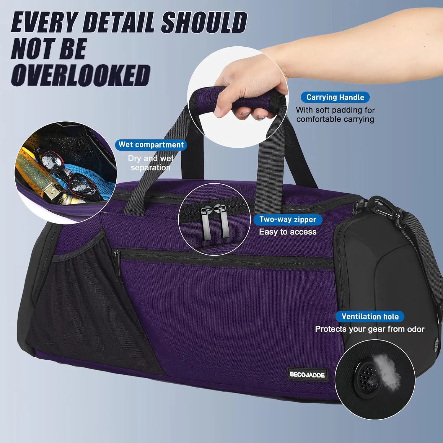 Gym Bags for Men Women 45L Large Gym Backpack Multiple Pockets Sport Duffle Bags with Shoe & Wet Compartment for Workout Travel Weekend Overnight Purple