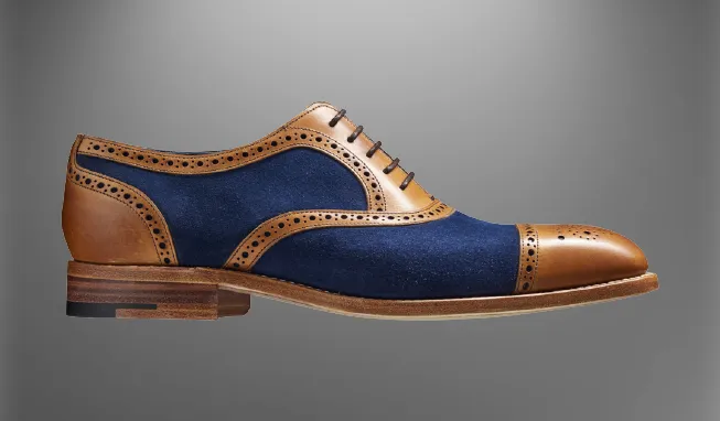 Handmade Tan Leather and Blue Suede Brogue Oxford Shoes