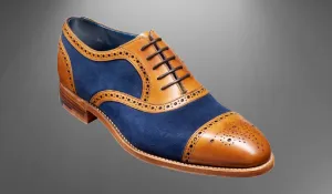 Handmade Tan Leather and Blue Suede Brogue Oxford Shoes