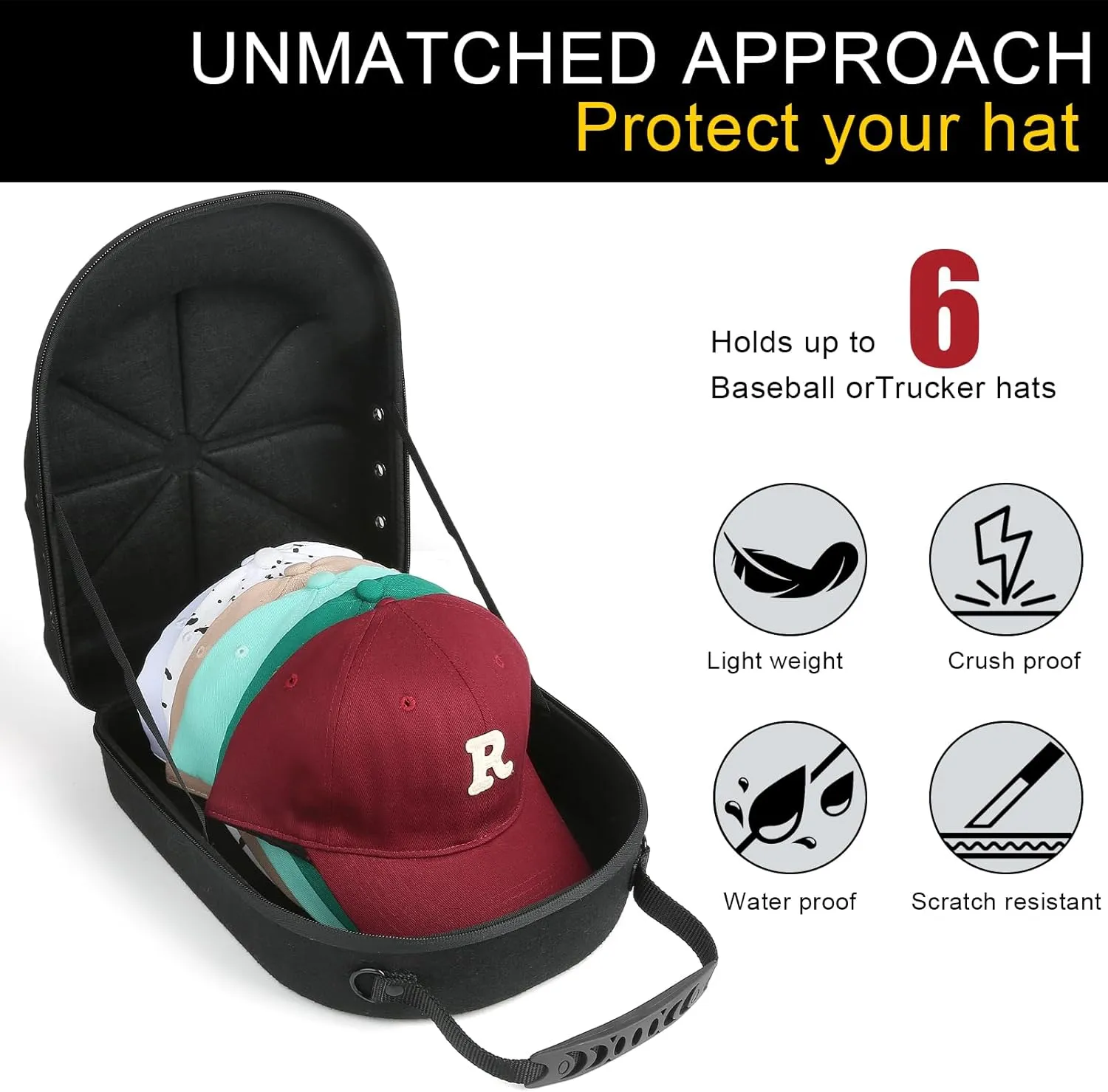 Hard baseball hat case, Hat Carrier Travel Case with Adjustable Shoulder Strap, Hat cap case for 6 Baseball Caps - Perfect for Traveling (Black)