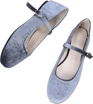 Hee grand Retro Velvet Mary Janes Shoes for Women Comfort Round Toe Ankle Strap Ballet Flats Soft Dancing Shoes