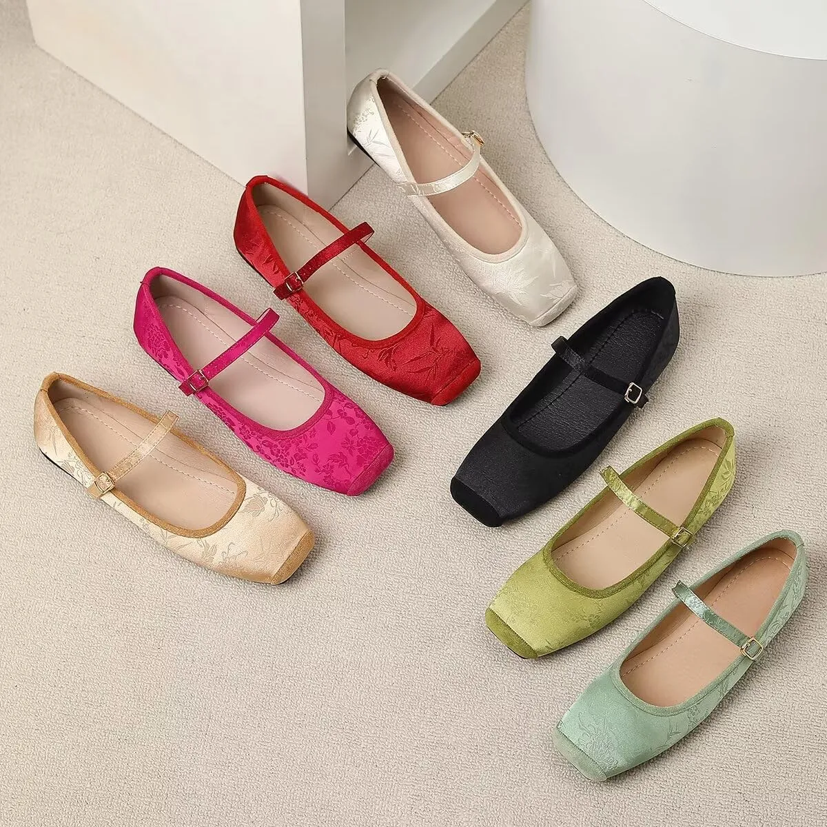 Hee grand Satin Embroidery Mary Jane Flats for Women Dressy Square Toe Ballet Flats with Ankle Strap Comfortable Walking Flats