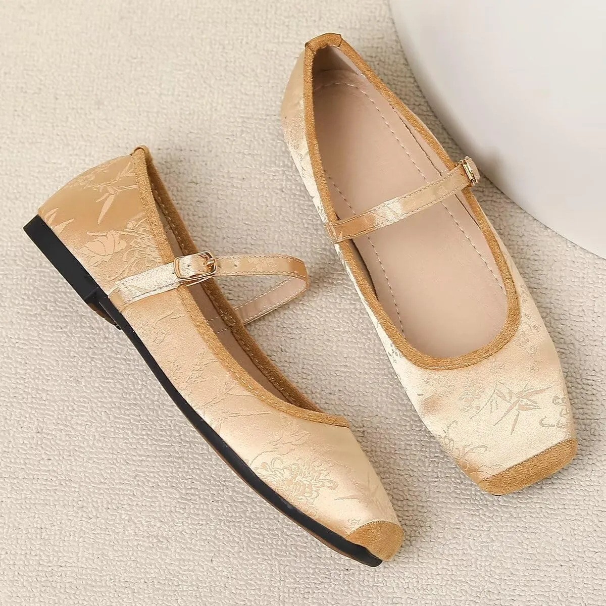 Hee grand Satin Embroidery Mary Jane Flats for Women Dressy Square Toe Ballet Flats with Ankle Strap Comfortable Walking Flats