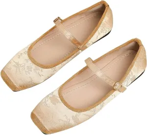 Hee grand Satin Embroidery Mary Jane Flats for Women Dressy Square Toe Ballet Flats with Ankle Strap Comfortable Walking Flats