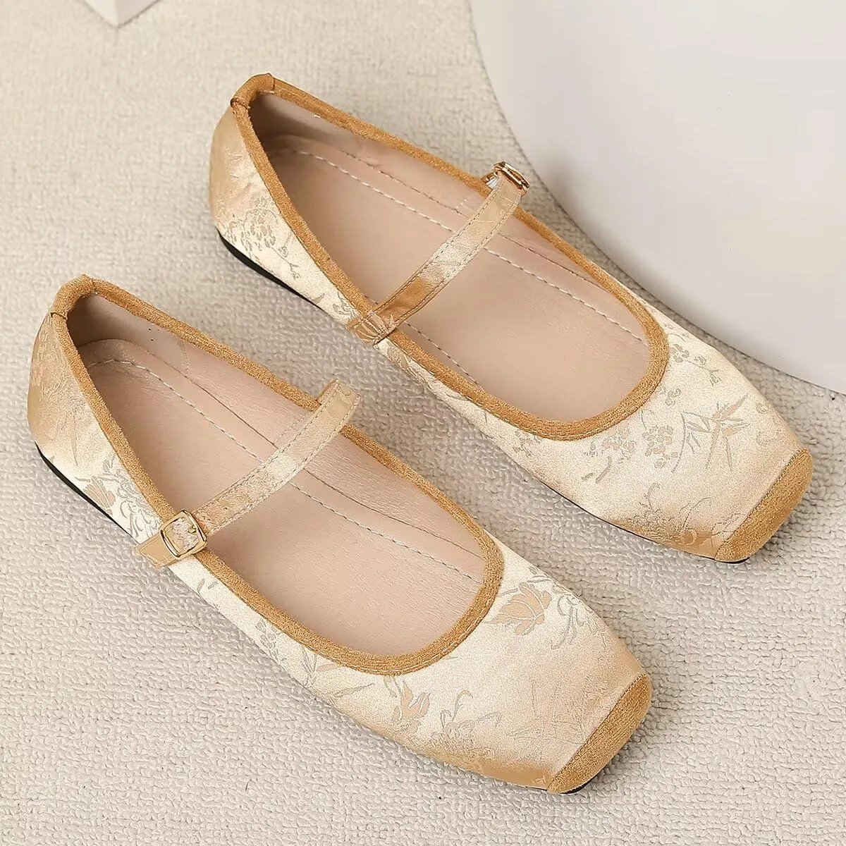 Hee grand Satin Embroidery Mary Jane Flats for Women Dressy Square Toe Ballet Flats with Ankle Strap Comfortable Walking Flats