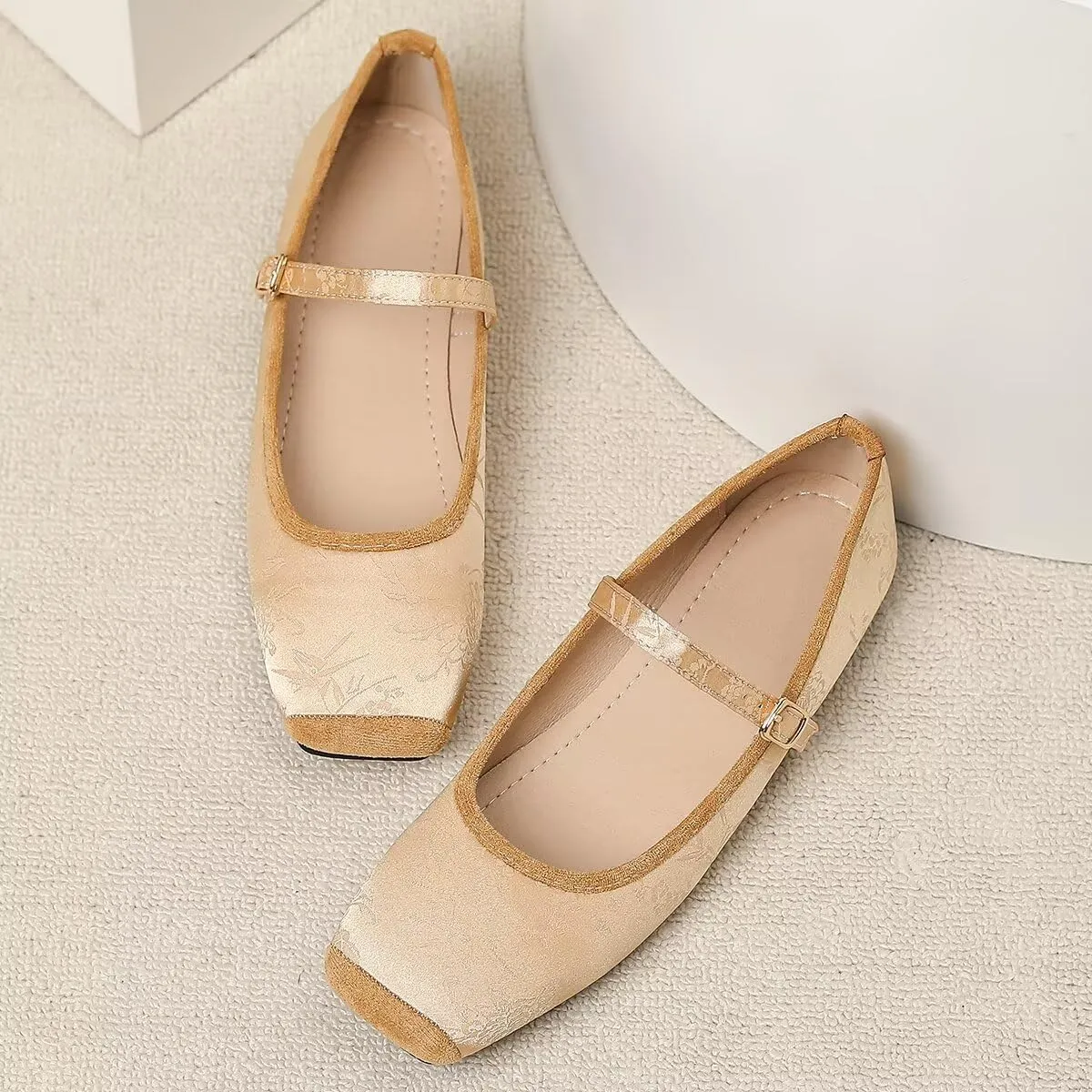 Hee grand Satin Embroidery Mary Jane Flats for Women Dressy Square Toe Ballet Flats with Ankle Strap Comfortable Walking Flats