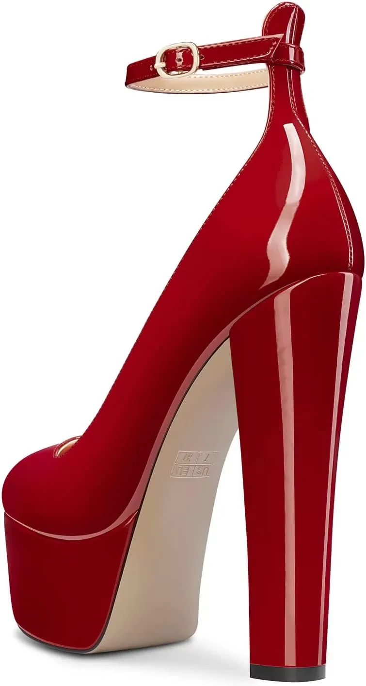 HEUIVZAR Women High Platform Chunky Block Heel Close Toe Pumps Ankle Strap Party Dress 5.9 Inches Heels