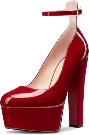HEUIVZAR Women High Platform Chunky Block Heel Close Toe Pumps Ankle Strap Party Dress 5.9 Inches Heels