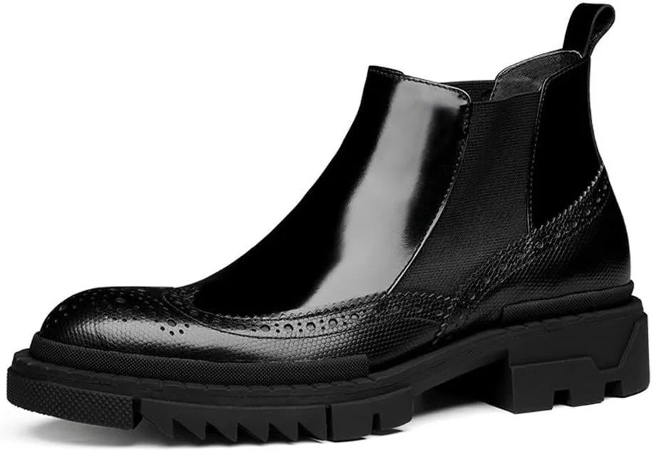 High Heel Brogue Boot for Men Chelsea BootGenuine Leather Pull On Wingtip Carving Round Toe Patent Leather
