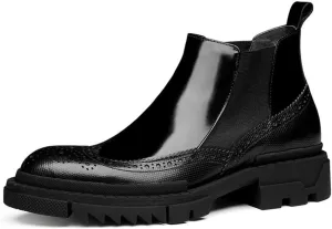 High Heel Brogue Boot for Men Chelsea BootGenuine Leather Pull On Wingtip Carving Round Toe Patent Leather